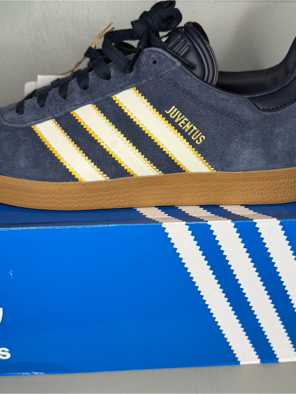 adidas Juventus Navy Suede Sneakers with Cream Stripes and Gum Sole